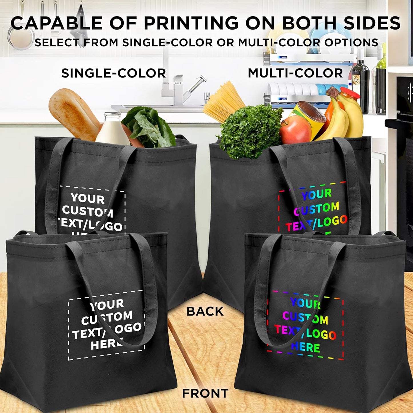 DISCOUNT PROMOS Custom Southern Style Grocery Tote Bags Set of 50 - Personalized Bulk Pack, Reusable Grocery & Shopping Bags - Great for Travel, Carry on Bag, Business Promotions - Black - 20"X13"X8"