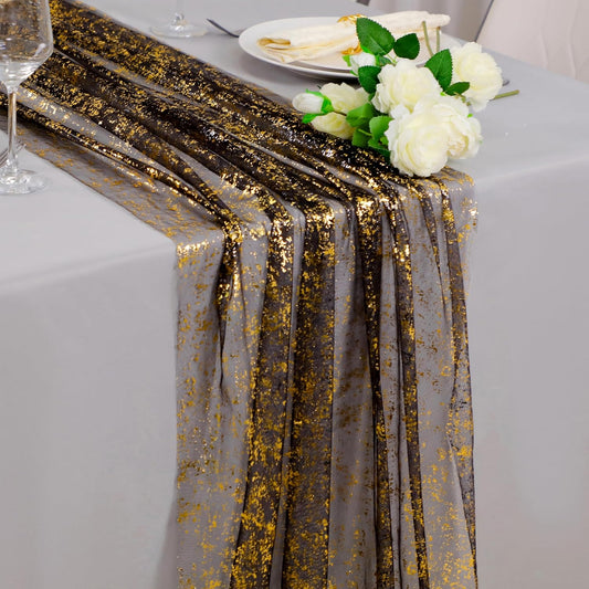 Snowkingdom 6 Pcs Black & Gold Cheesecloth Table Runner 10 FT, Sheer Chiffon Sparkle Gauze Mesh Runners 120 Inch, Glitter Table Centerpieces Decoration for Birthday Party Wedding Christmas Halloween