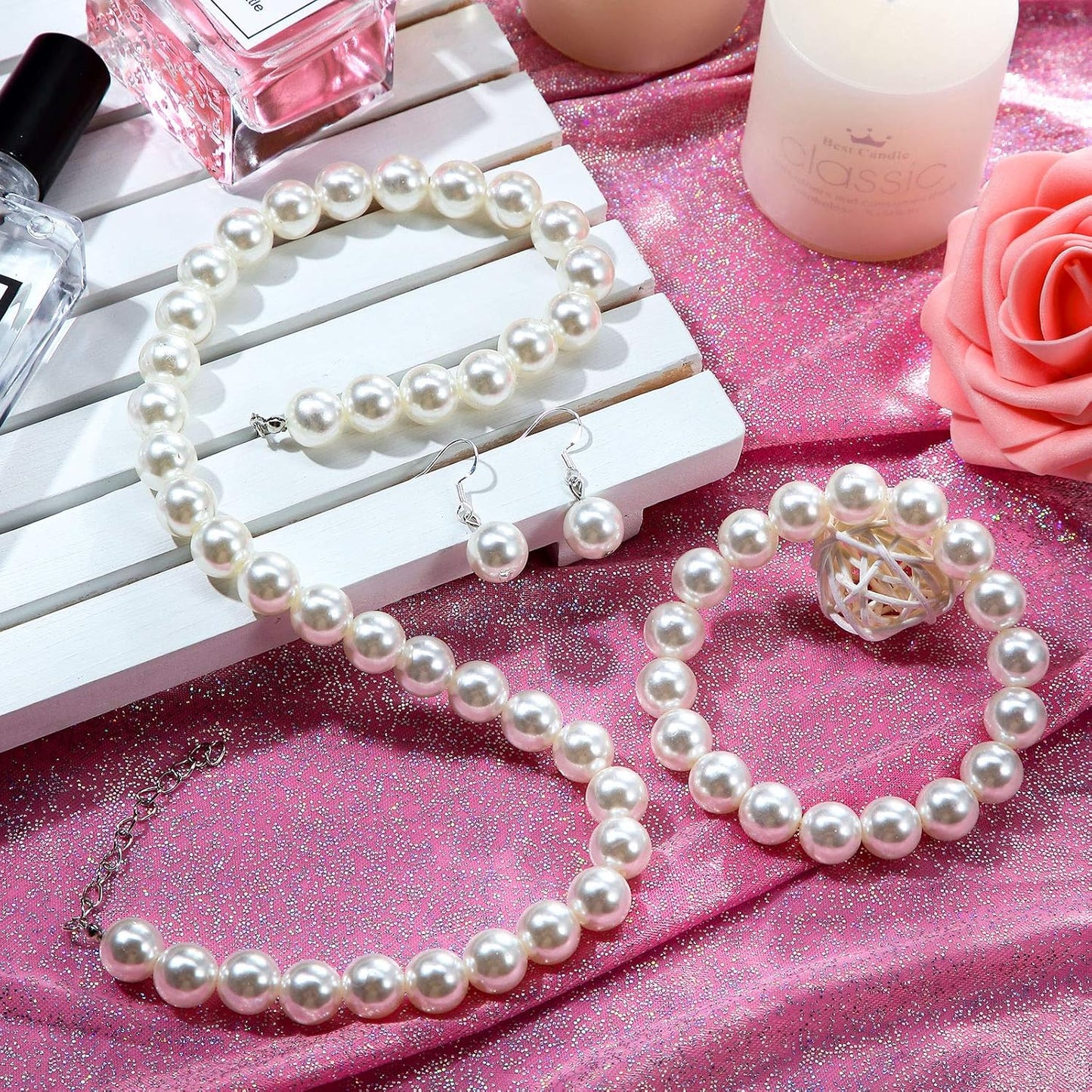 4 Pcs 1920s Faux Pearl Costume Jewelry Set for Women Halloween Simulated Necklace Bracelet Earrings for Wedding