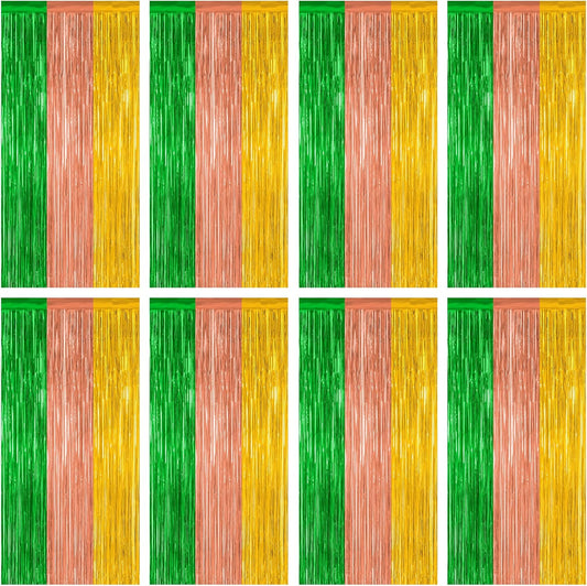 12 Pack Hawaiian Party Decorations, 3.28 FT x 7.05 FT Luau Party Decorations, Green Brown Yellow Backdrop Fringe Curtains Foil Streamer, Metallic Summer Decor Photo Booth Props