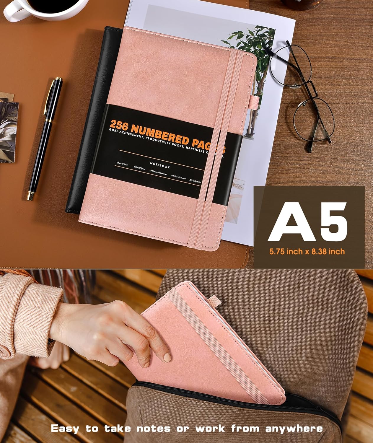 Lined Journal Notebook for Women Men, 256 Numbered Pages Hardcover Leather Journals for Writing, A5 Journaling Notebooks, College Ruled Journal for Business Work School 5.75" x 8.38" Pink leather