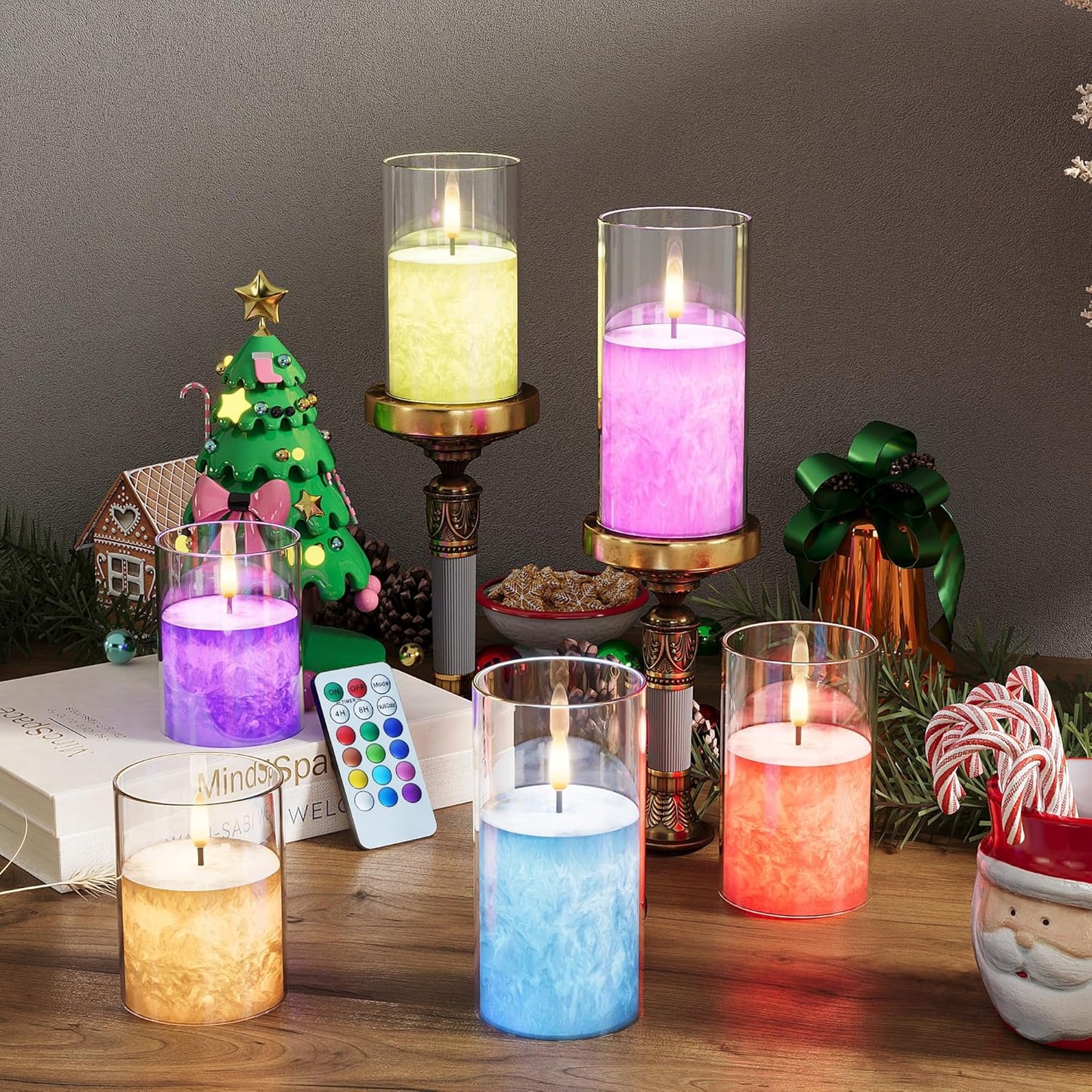 12Colors Ice Crystal Real Wax Glass Flameless Candles with Remote & Timer, Battery Operated Candles with Warm Flickering Flame, Realistic LED Candle for Wedding Home Decor [D3×H4/5"/6"] 3Pack