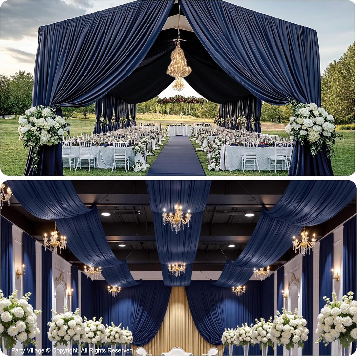 PartyVillage 10ftx40ft Navy Blue Ceiling Curtain for Wedding Parties – 2 Panels Wrinkle-Free 40 FT Long Tent Draping Curtains for Wedding, Birthday & Theme Parties, 40ft Height with Rod Pocket