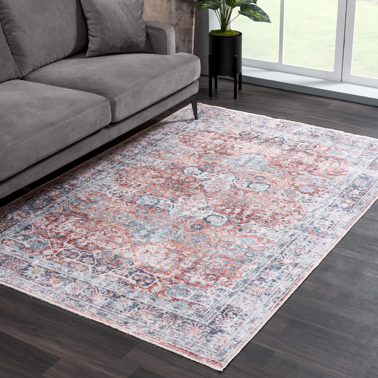 Bloom Rugs Caria Washable Non-Slip 3x5 Rug - Brick/Dark Blue Traditional Area Rug for Living Room, Bedroom, Dining Room, and Kitchen - Exact Size: 3' x 5'
