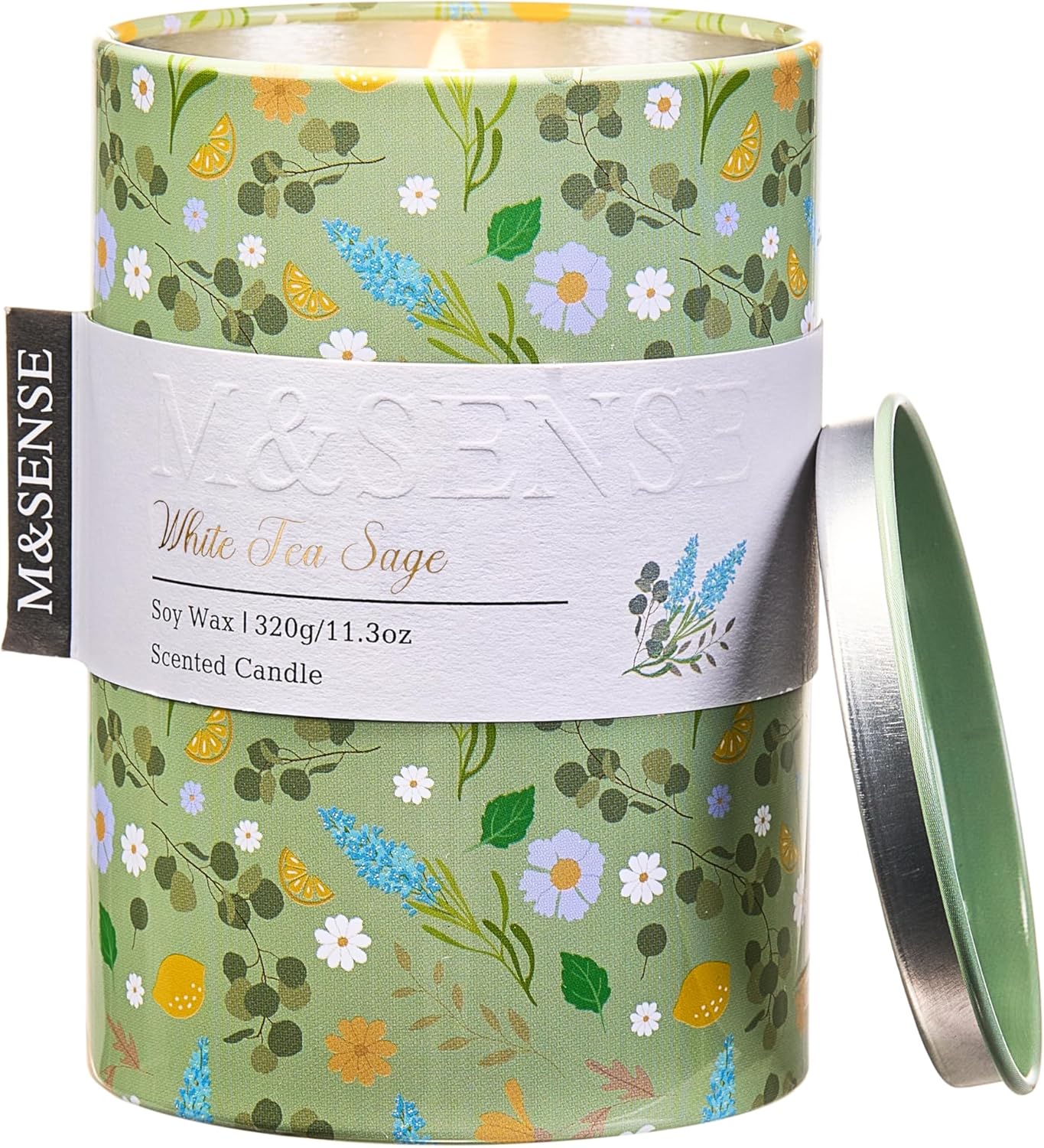 M&SENSE White Tea Sage Scented Candle, Medium Jar Candle 11.3oz Natural Soy Wax for Home Scented, Floral Candles Gift for Spring Holiday, Up to 70 Hours Burning Long-Lasting Fragrance