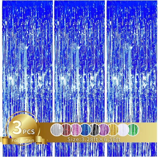 3 Pcs Blue Tinsel Foil Fringe Curtains,3.28ft x 6.56ft Gold Photo Booth Backdrop Streamer Curtain,Photo Booth Props,Ideal Bachelorette Party Supplies, Birthday, Christmas,New Year Decorations…
