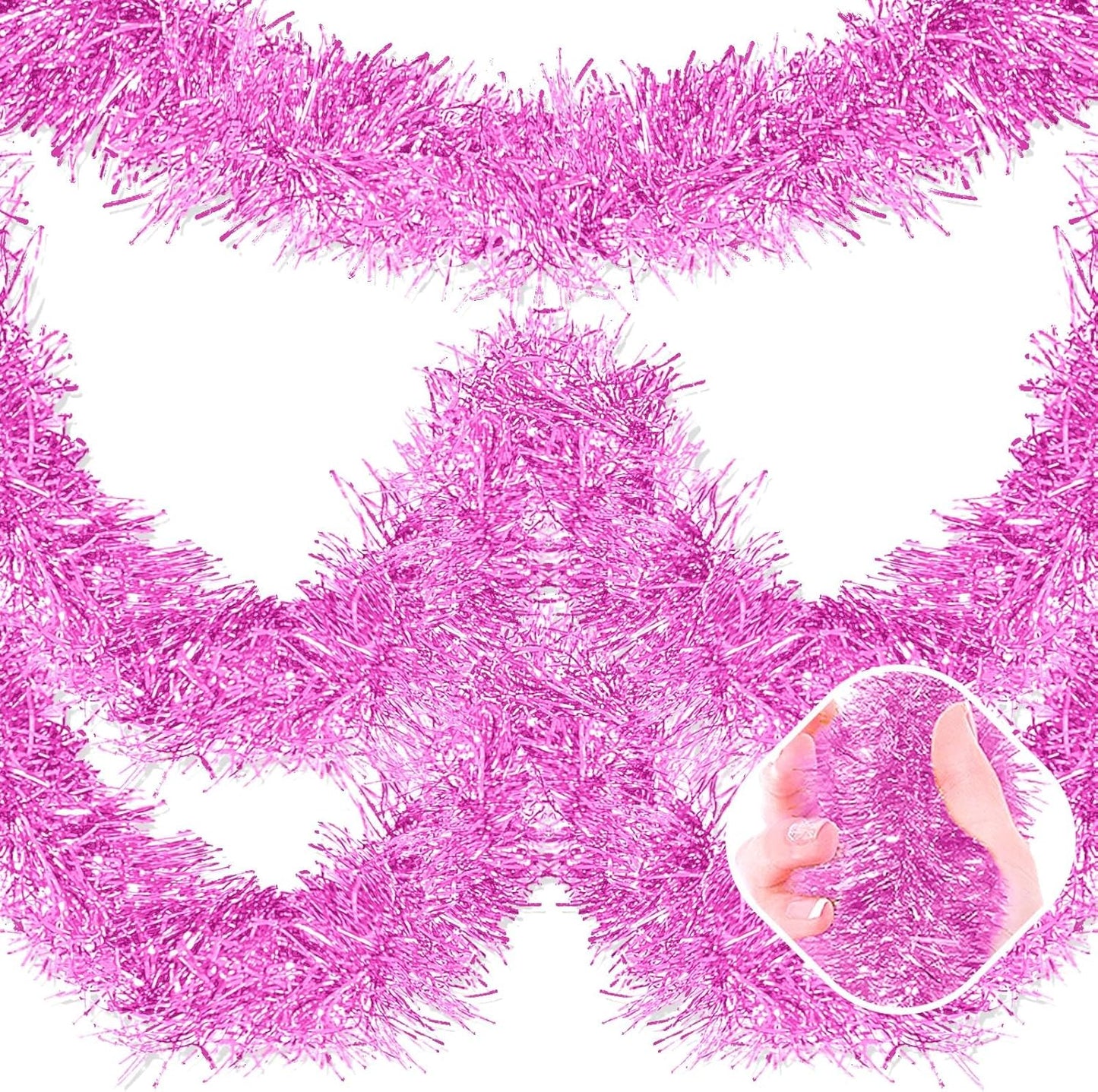 25 Feet Macaron Pink Christmas Tinsel Garland, Metallic Foil Twist Garland Wall Hanging Tinsel Banner Backdrop for Parade Floats, Easter, Mother's Day, Birthday Party Decorations (4in x 25ft)