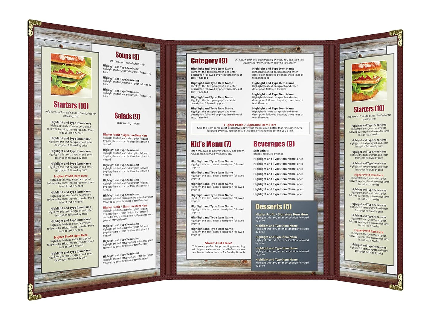 Goodsmart Restaurant Menu Covers – 25 Pack Burgundy 6 Views Trifold, Side-Loading Menu Holders, Vinyl & Plastic Menu Covers, Clear Menu Sleeves, 8.5" x 14" & 4.25" x 14", Café Style with Gold Corners