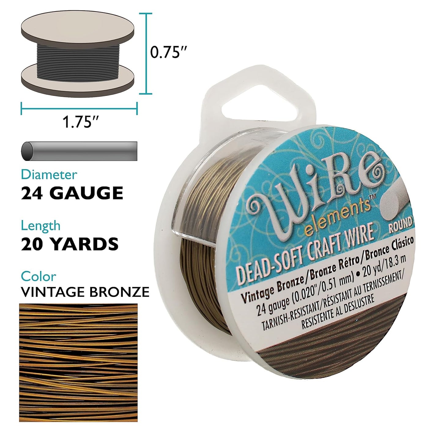 The Beadsmith Wire Elements Craft Wire – Tarnish Resistant, Soft Temper, Round, Vintage Bronze Color – 0.51mm, 24 Gauge, 20 Yard Spool – Jewelry Making, Wire Wrapping, Floral, & Other DIY Crafts
