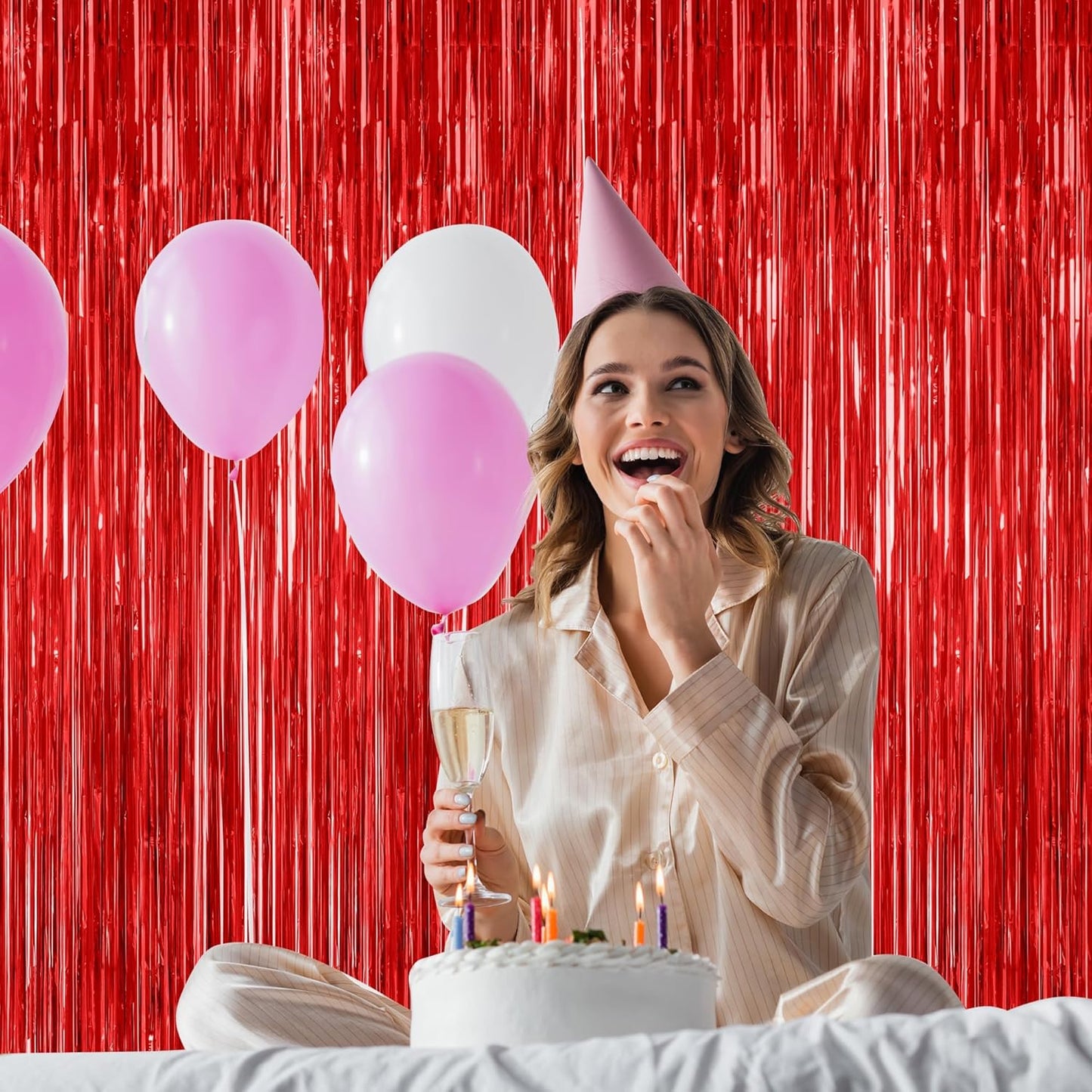 4 Pack Red Backdrop, 3.28 FT x 7.05 FT Party Streamer, Metallic Birthday Tinsel Backdrop Foil Fringe Curtains, Door Streamer for Red Party Decorations Casino Decor Photo Booth Props