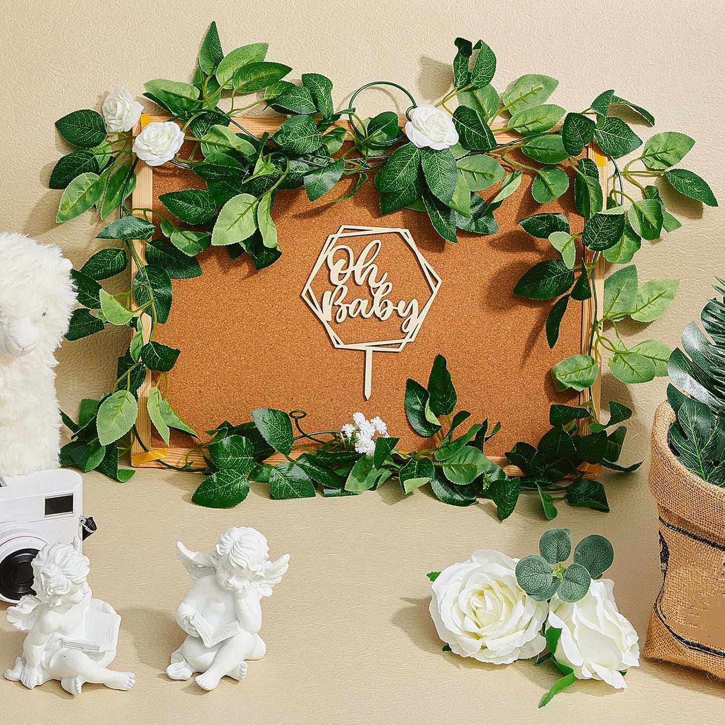 34-piece Wood Cake Topper Set - Boho Cake Decorations with Artificial Eucalyptus Leaves for Gender Reveal Parties, Birthdays, and Weddings