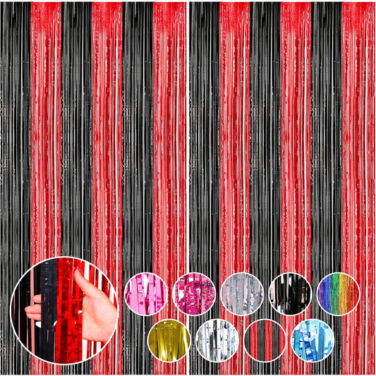 RUBFAC 2 Pack Red and Black Backdrop Party Decorations Tinsel Foil Fringe Curtains Streamers for Casino Theme Halloween Bachelorette Birthday Holiday Celebrations Party Supplies