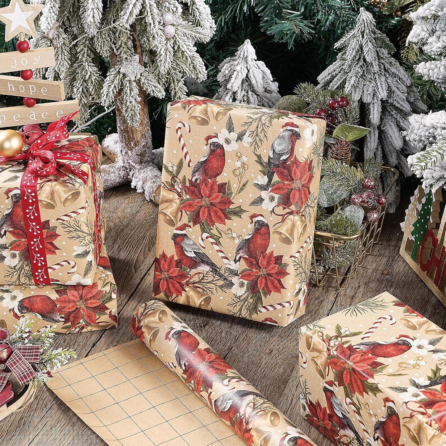 RUSPEPA Kraft Christmas Wrapping Paper Roll, Mini Roll, Cardinal Bird, Poinsettia, Golden Bell and Candy Cane Design, Vintage Kraft Gift Wrap for Women, Family, Xmas Holiday, 17 Inches x 16.4 Feet