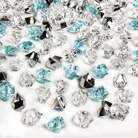 HappyFiller 14 OZ Fake Ice Rocks Cubes Acrylic Gems Stones for Winter Decorations,Christmas Vase Fillers,Wedding Table Scatters,Crafts,Home Centerpieces,Clear,Sea Blue,Silver Mix