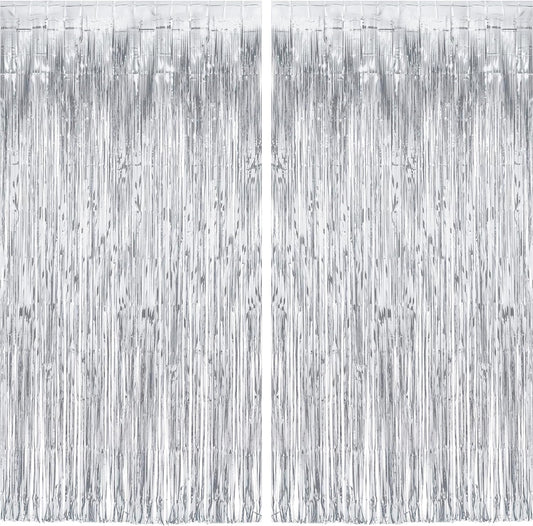 Silver Streamers Metallic Party Backdrop - GREATRIL Foil Fringe Tinsel Curtain for 2026 NYE/Birthdays/Prom/New Years/Graduations/Photo Booth, 8.2ft x 3.2ft - Pack of 2