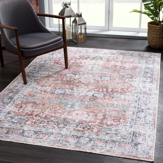 Bloom Rugs Washable Non-Slip 2x3 Rug - Brick/Dark Blue Traditional Oriental Area Rug for Living Room, Bedroom, Dining Room, and Kitchen - Exact Size: 2' x 3'