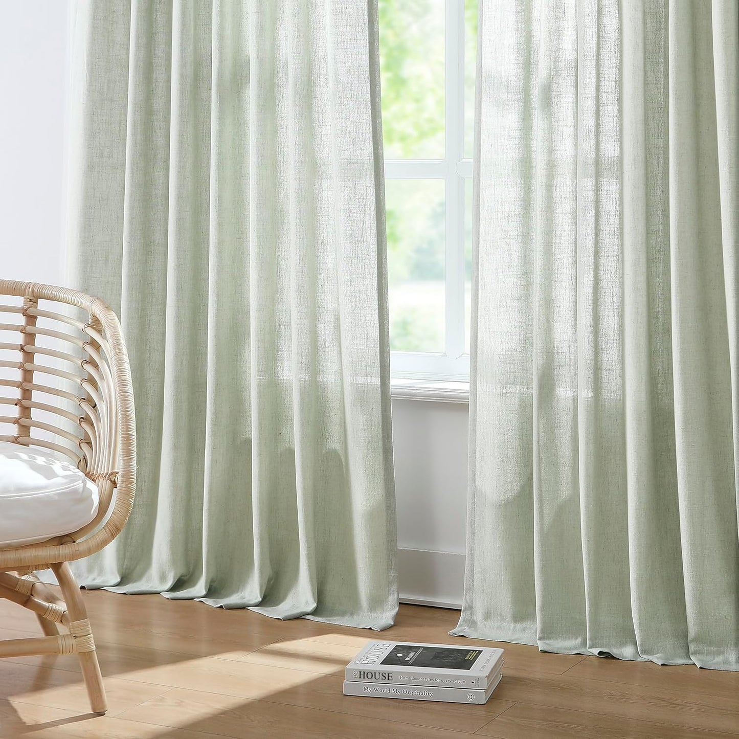 Vision Home Soft Green Pinch Pleated Semi Sheer Curtains Textured Linen Blended Light Filtering Window Curtains 108 inch for Living Room Bedroom Pinch Pleat Drapes with Hooks 2 Panels 9ft 40" Wx108 L
