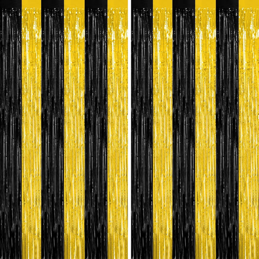 2 Pack Graduation Backdrop, 3.28 FT x 7.05 FT Black and Gold Foil Fringe Curtains, Metallic Foil Curtain Graduation Backdrop, Grad Party Supplies Black and Gold Party Decorations Class of 2025