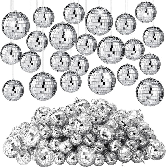 Funtery 100 Pcs Mirror Disco Balls Bulk Assorted Silver Hanging Disco Ball Decor for Home Wedding Birthday Dance Music 70 S Theme Party Christmas Tree Ornaments(1.2'', 2'')