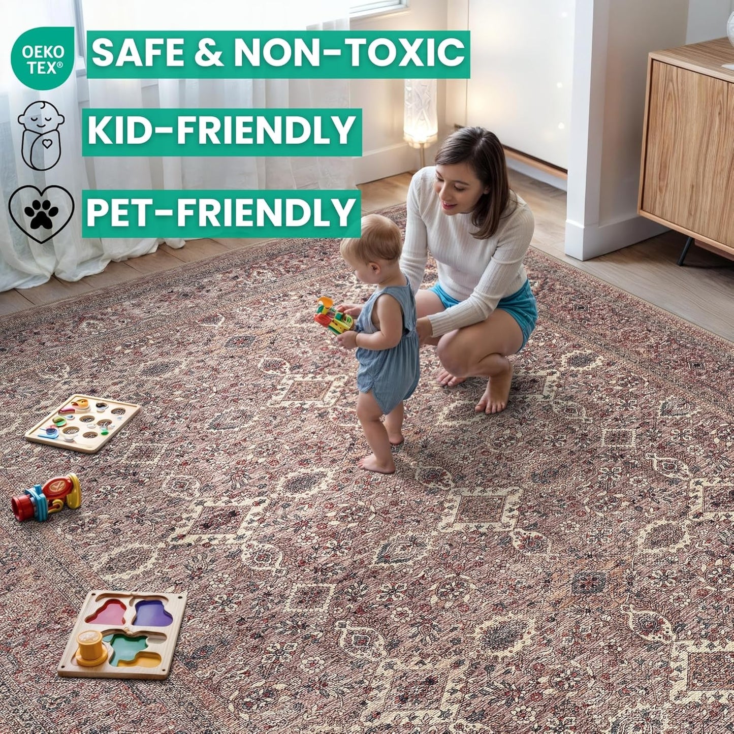 Bloom Rugs Washable Non-Slip 7 ft Runner - Beige Traditional Bordered Runner for Entryway, Hallway, Bathroom, and Kitchen - Exact Size: 2.5' x 7'