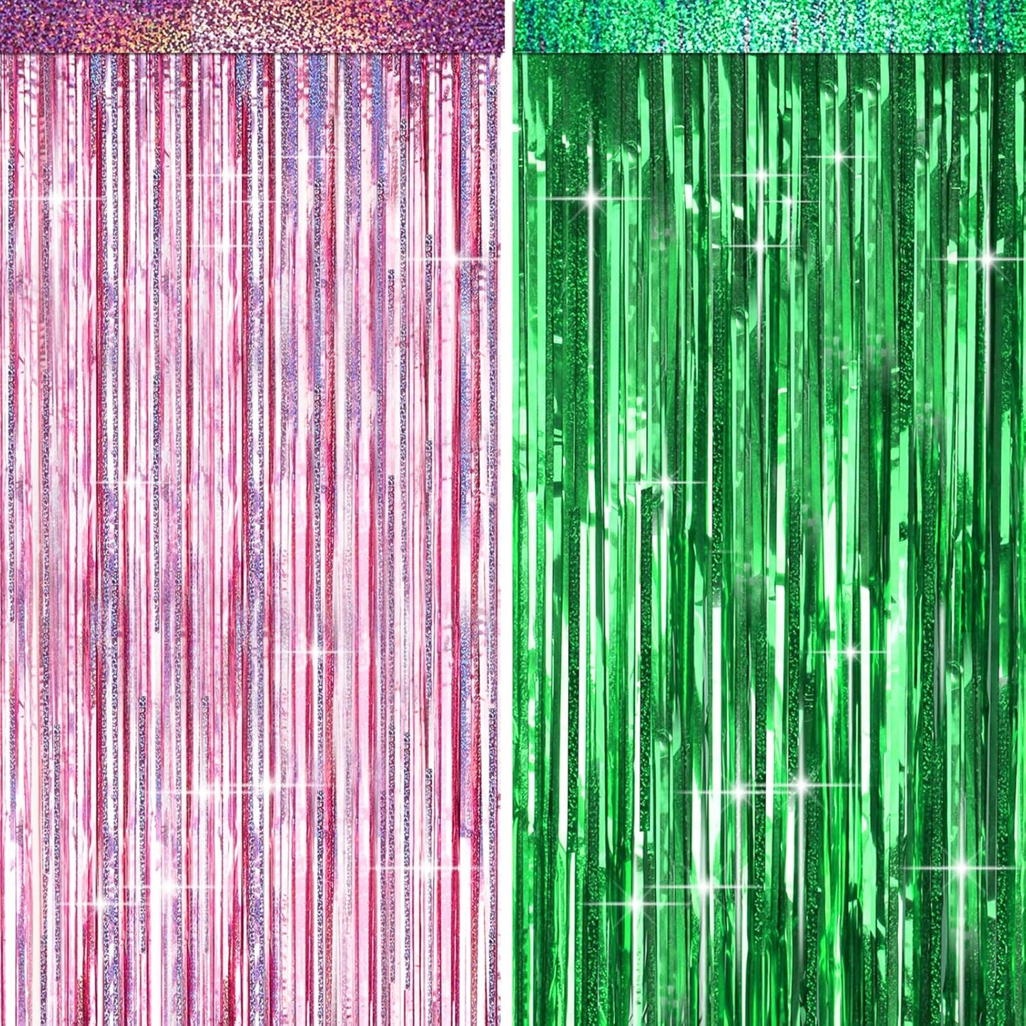 4 Packs Pink and Green Foil Fringe Curtain, Pink Green Metallic Tinsel Backdrop for Birthday, Baby Shower, Princess Bachelorette Party, Witch Party Decorations Supplies