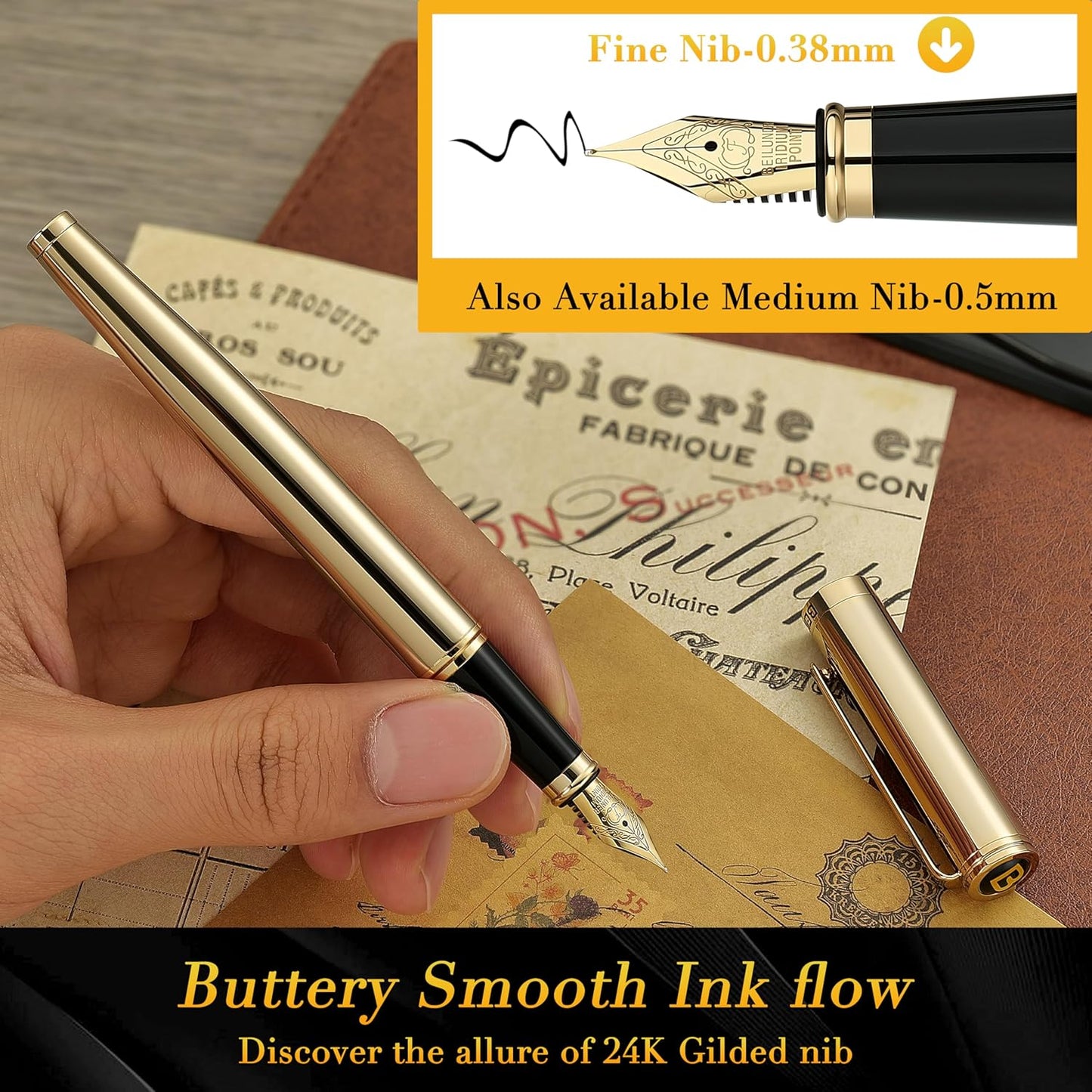BEILUNER Gold Personalized Fountain Pen,Stunning Luxury Surface,24K Gilded Nib(Fine),Gorgeous 24K Gold Finish, Ink Converter,Fancy Gift for Men&Women-Elegant, Graduation,Office Pens for Writing