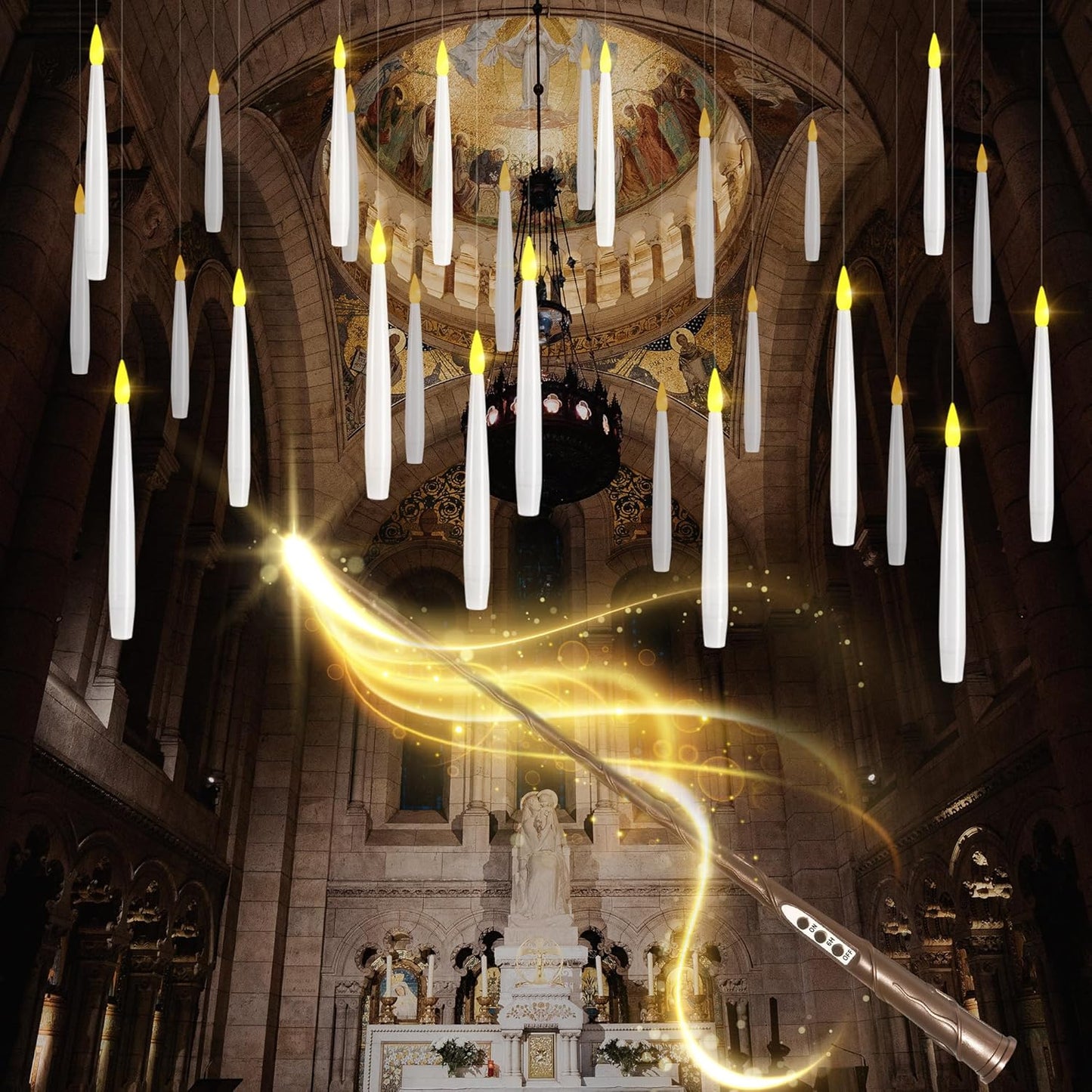 Floating Candles with Wand, 10 Pack Halloween Flameless Candles Battery Operated LED Taper Hanging Electric Candle for Christmas Halloween Birthday Party Decor 6.1in