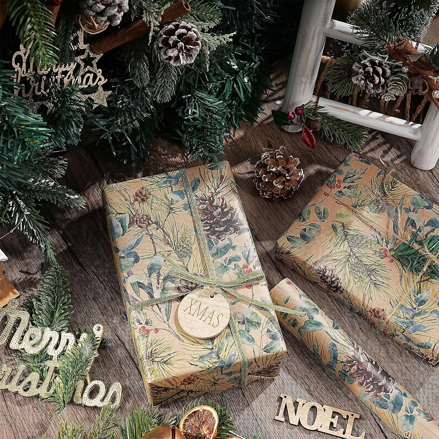 RUSPEPA Kraft Christmas Wrapping Paper Roll, Mini Roll, Watercolor Pinecone and Eucalyptus Leaf Design, Kraft Gift Wrap for Christmas, Winter Holiday Party, Rustic Natural Theme, 17 Inches x 16.4 Feet