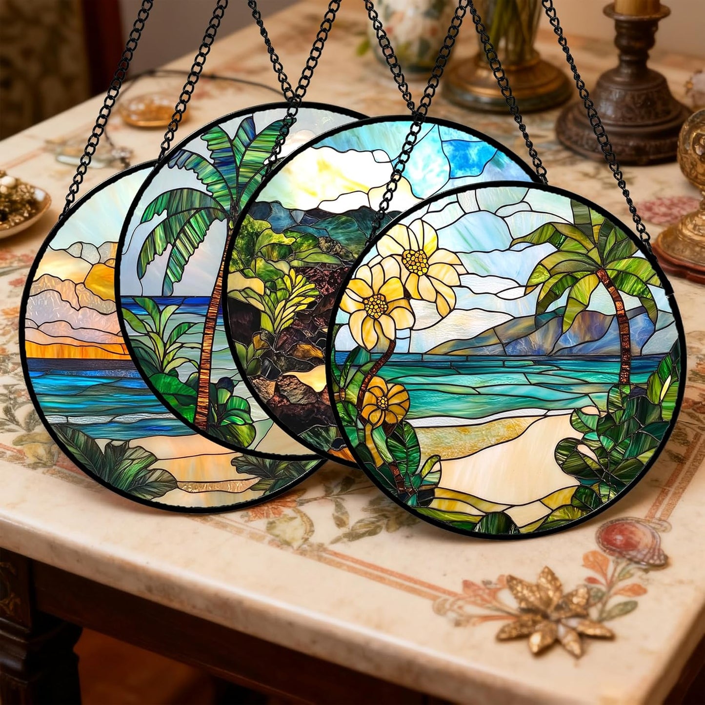 Stained Glass Window Hanging 4 Pcs Set Blue Ocean Coconut Tree Scenery 9.8" - Suncatcher Door Garden Sun Catcher Decor Birthday Christmas for Mom Woman Nana Men