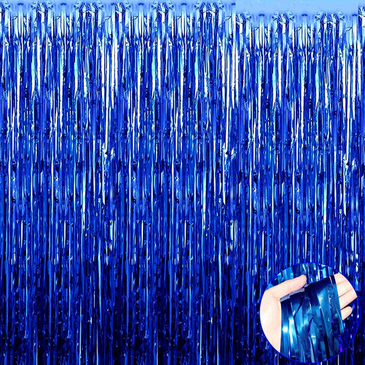 4 Pack Blue Foil Fringe Curtain Backdrop, 3.28Ft x 9.84Ft Metallic Tinsel Streamers for Sea Party, Photo Booth Props, Birthday, 2022 Summer Ocean Theme Party Decoration Supplies