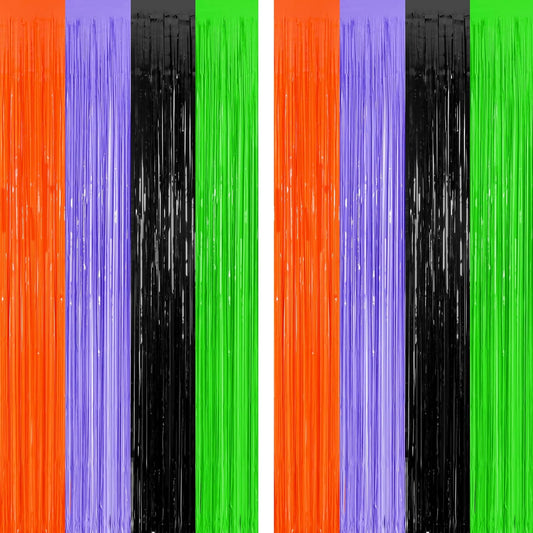 2 Pack Halloween Backdrop, 3.28 FT x 7.05 FT Orange Purple Black Green Party Streamer, Metallic Foil Curtains Tinsel Backdrop, Halloween Party Decorations Photo Props for Door Wall