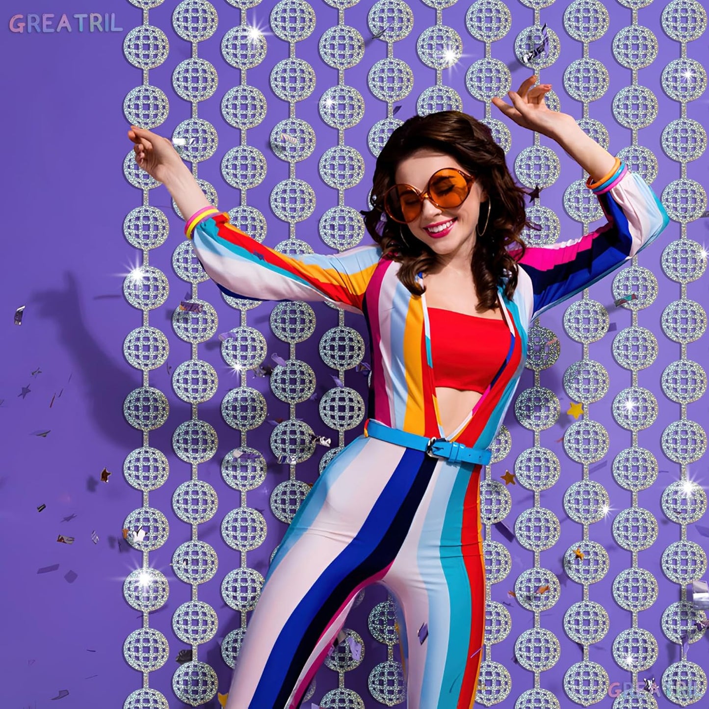 Discos Dancing Ball Shaped Party Backdrop - GREATRIL Prom Fringe Curtain Backdrop with Sparking Surface for Birthdays Discos Graduation New Years Party Decoration - 3.2ft x 6.5ft - 2 Packs