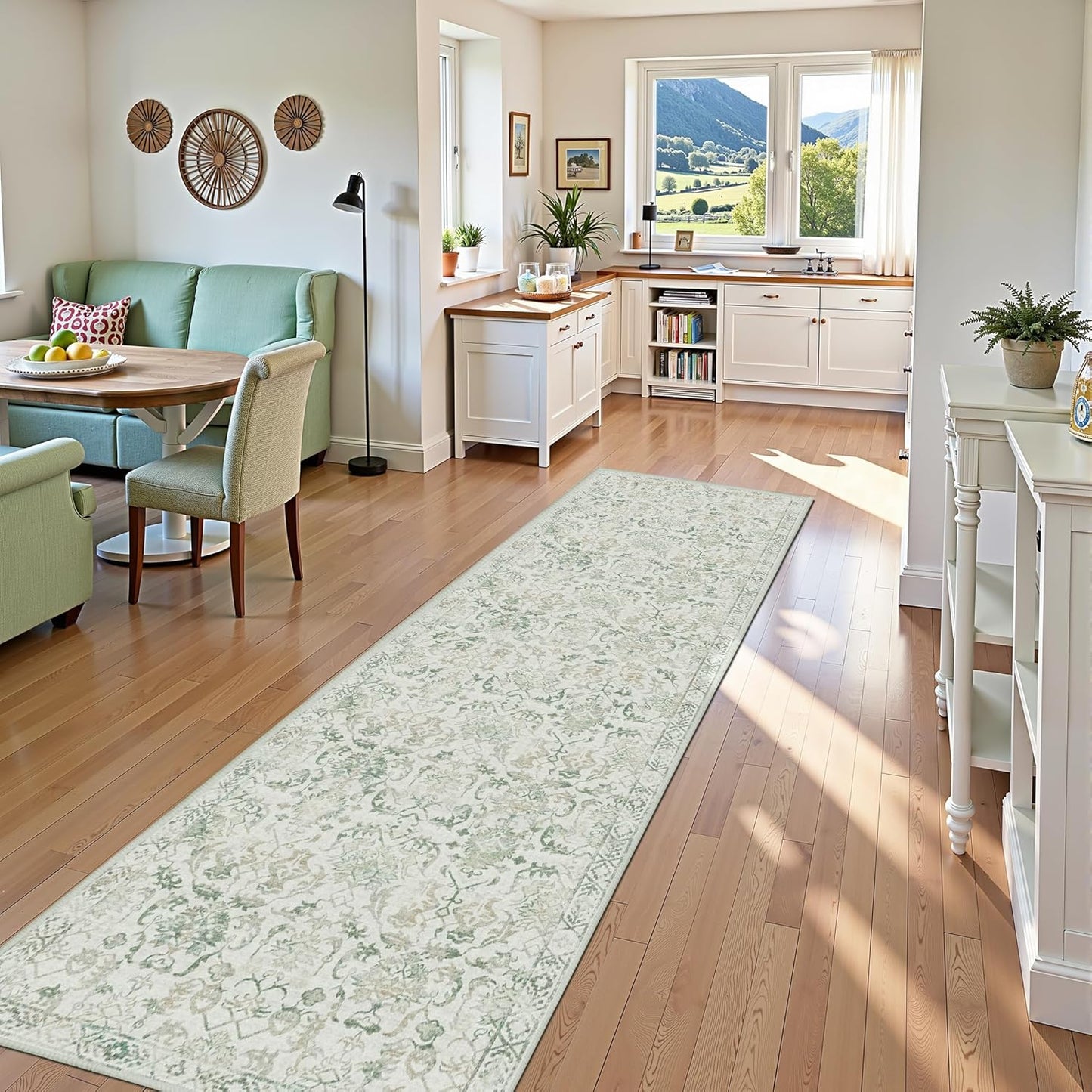 Green 3x12 Runner Rug for Hallways Bed Side Kitchen, Boho Washable Distressed Low-Pile Floor Entryway Long Bathroom Mat, Non-Slip Laundry Room Washstand Front Carpet Green 36x144 Inch