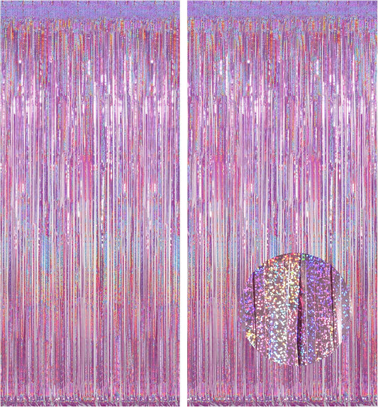 Melsan 2 Pack 3.2 ft x 8.2 ft Tinsel Foil Fringe Curtains Backdrop, Sparkle Metallic Foil Curtains for Party Photo Booth Props Decoration, Pinkish Purple