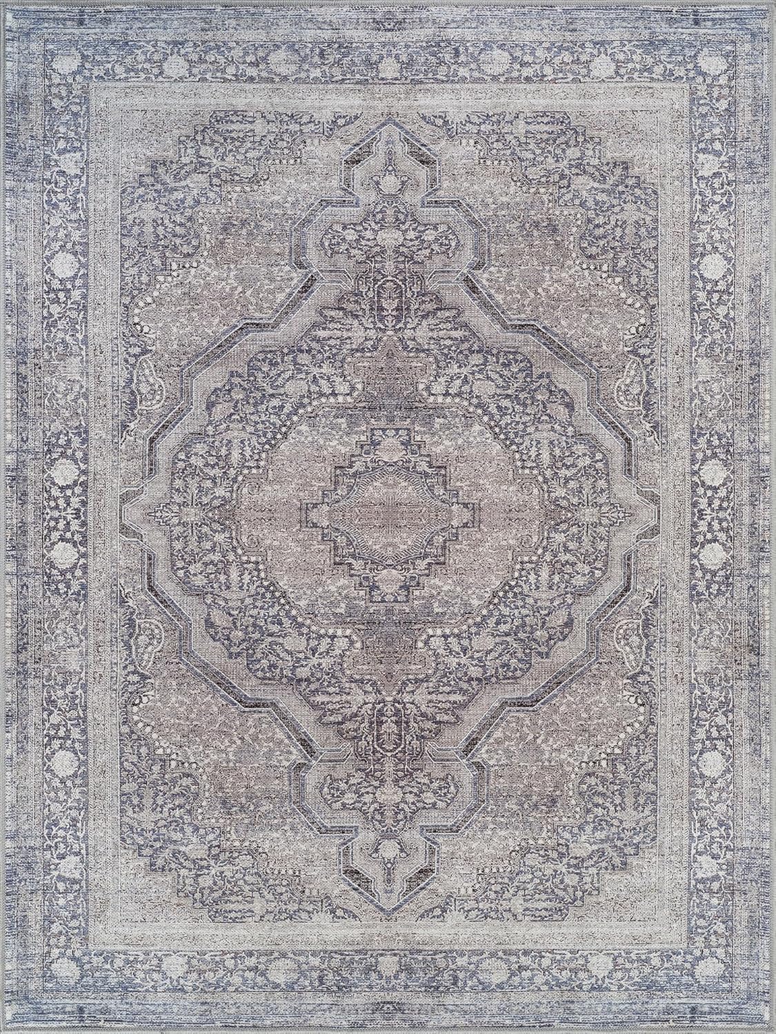 Bloom Rugs Washable Non-Slip 6' x 9' Rug - Blue/Steel Gray/Beige Traditional Medallion Area Rug for Living Room, Bedroom, Dining Room, and Kitchen - Exact Size: 6' x 9'