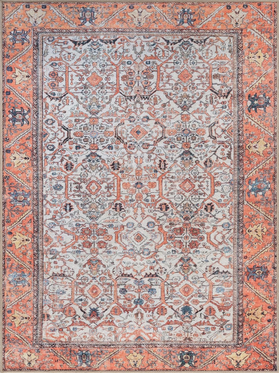 Bloom Rugs Washable Non-Slip 5' x 7' Rug - Orange Traditional Bordered Area Rug for Living Room, Bedroom, Dining Room, and Kitchen - Exact Size: 5' x 7'