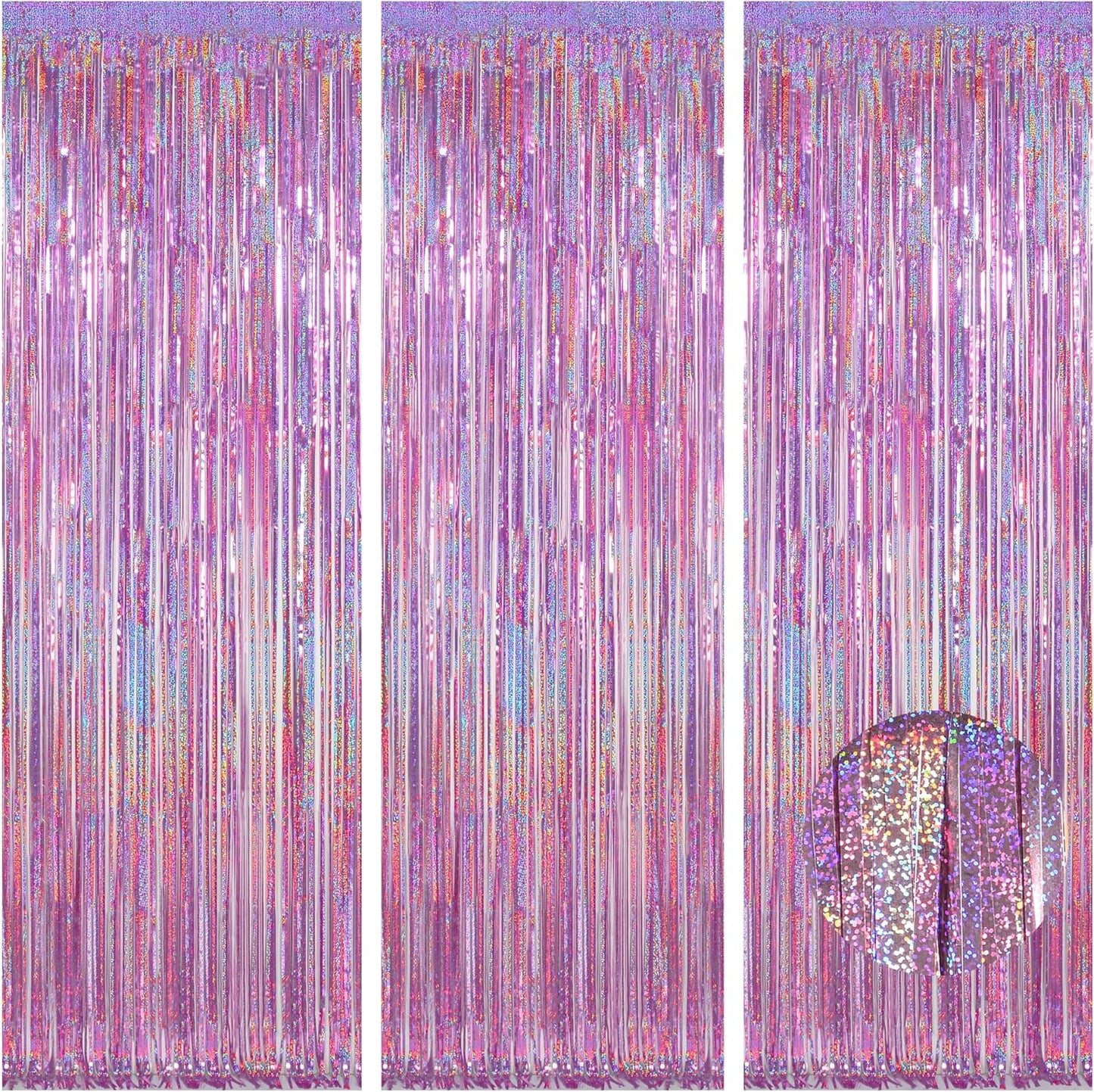 Melsan 3 Pack 3.2 x 8.2 ft Sparkling Pinkish Purple Tinsel Fringe Curtain Backdrop Glitter Decor for Birthdays, Bachelorette, Weddings, Photo Booth | Reusable Princess & Y2K Party Backdrop