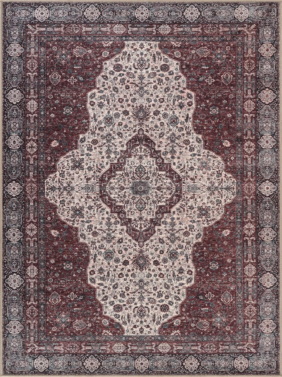 Bloom Rugs Washable Non-Slip 3' x 5' Rug - Red/Green/Cream Traditional Medallion Area Rug for Living Room, Bedroom, Dining Room, and Kitchen - Exact Size: 3' x 5'