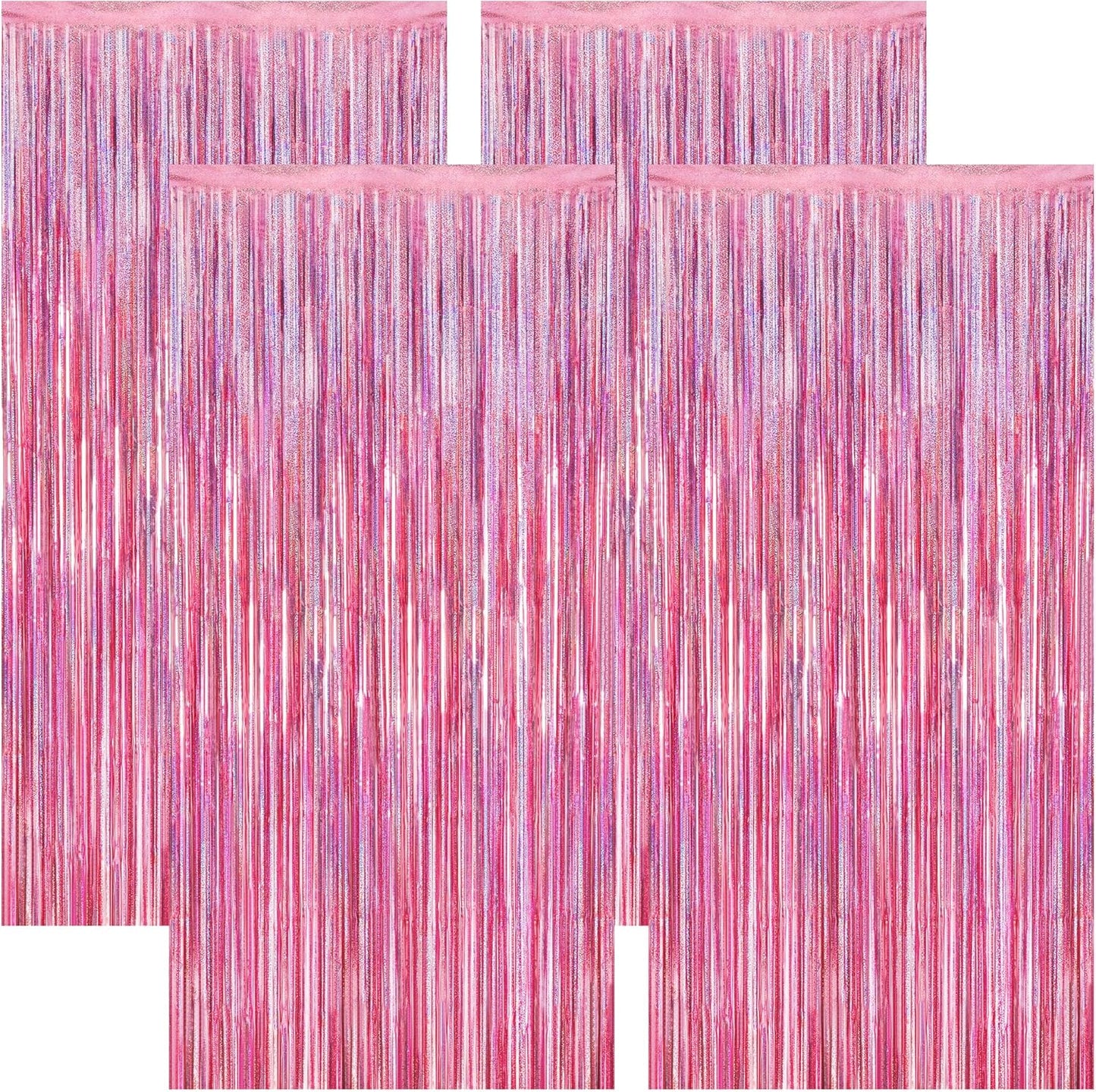 4 Pack Pink Backdrop, 3.28 FT x7.05 FT Foil Fringe Curtains, Metallic Glitter Pink Streamer Fringe Backdrop Foil Curtains, Laser Pink Birthday Party Decorations Bachelorette Decor